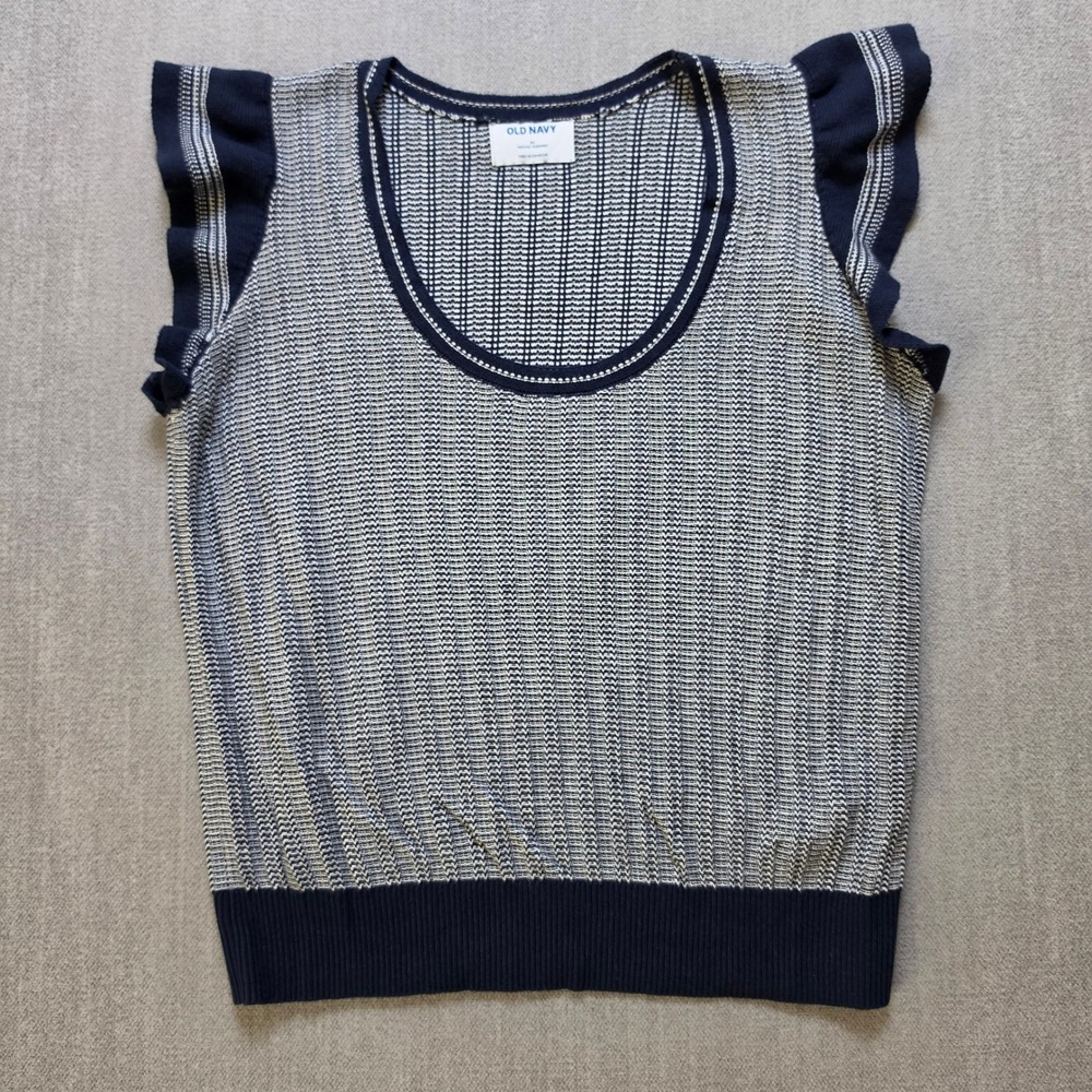 Old Navy Knit Top Women Medium Blue Ruffle Cap Sleeve Scoop Neck Textured